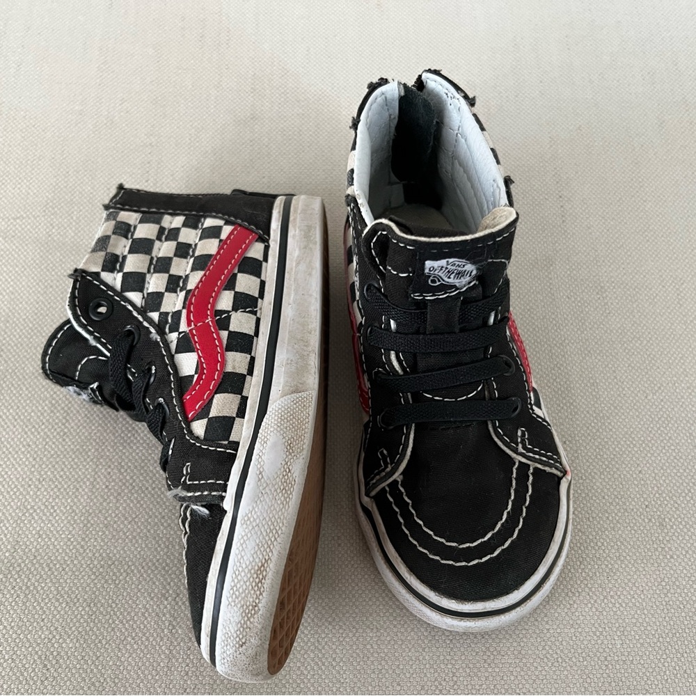 Vans Kids Black and White Checkered Sk8-HI Sneakers with Red Accents